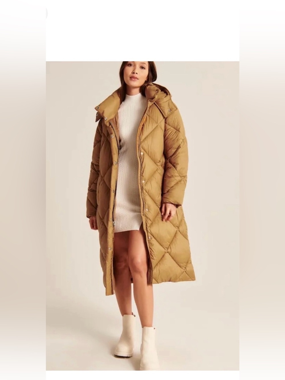 Abercrombie Long Quilted Puffer Coat in Camel